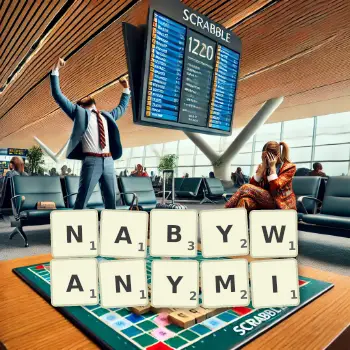 Kreatywna ilustracja do gry w Scrabble ze słowem NABYWANYMI ułożonym z płytek na planszy.