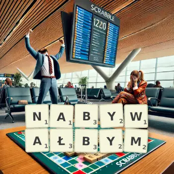 Kreatywna ilustracja do gry w Scrabble ze słowem NABYWAŁBYM ułożonym z płytek na planszy.
