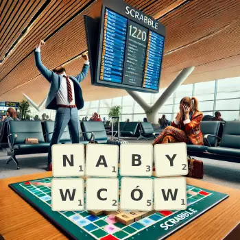 Kreatywna ilustracja do gry w Scrabble ze słowem NABYWCÓW ułożonym z płytek na planszy.