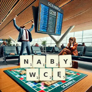 Kreatywna ilustracja do gry w Scrabble ze słowem NABYWCĘ ułożonym z płytek na planszy.
