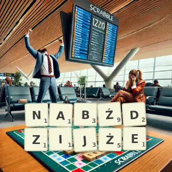 Kreatywna ilustracja do gry w Scrabble ze słowem NABŹDZIJŻE ułożonym z płytek na planszy.