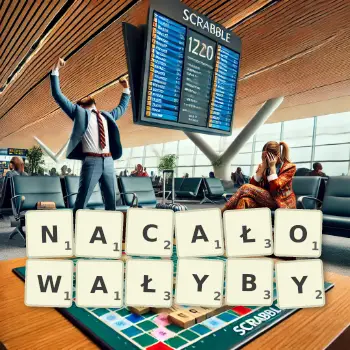 Kreatywna ilustracja do gry w Scrabble ze słowem NACAŁOWAŁYBY ułożonym z płytek na planszy.