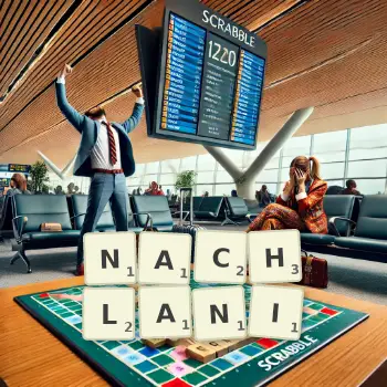 Kreatywna ilustracja do gry w Scrabble ze słowem NACHLANI ułożonym z płytek na planszy.