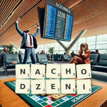 Kreatywna ilustracja do gry w Scrabble ze słowem NACHODZENI ułożonym z płytek na planszy.