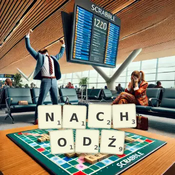 Kreatywna ilustracja do gry w Scrabble ze słowem NACHODŹ ułożonym z płytek na planszy.
