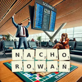 Kreatywna ilustracja do gry w Scrabble ze słowem NACHOROWAŃ ułożonym z płytek na planszy.