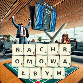 Kreatywna ilustracja do gry w Scrabble ze słowem NACHROMOWAŁBYM ułożonym z płytek na planszy.