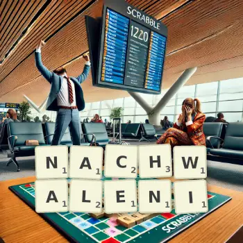 Kreatywna ilustracja do gry w Scrabble ze słowem NACHWALENI ułożonym z płytek na planszy.