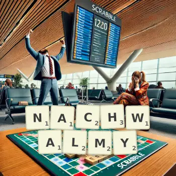 Kreatywna ilustracja do gry w Scrabble ze słowem NACHWALMY ułożonym z płytek na planszy.