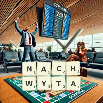 Kreatywna ilustracja do gry w Scrabble ze słowem NACHWYTA ułożonym z płytek na planszy.