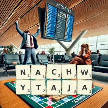 Kreatywna ilustracja do gry w Scrabble ze słowem NACHWYTAJA ułożonym z płytek na planszy.
