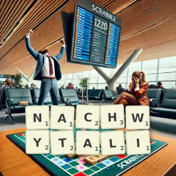 Kreatywna ilustracja do gry w Scrabble ze słowem NACHWYTALI ułożonym z płytek na planszy.