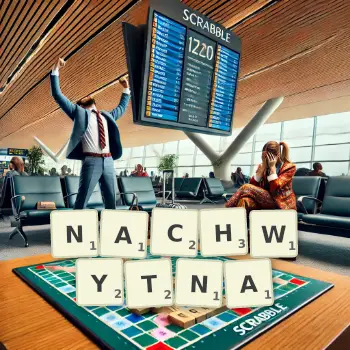 Kreatywna ilustracja do gry w Scrabble ze słowem NACHWYTNA ułożonym z płytek na planszy.