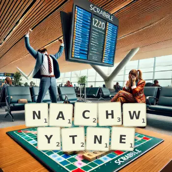 Kreatywna ilustracja do gry w Scrabble ze słowem NACHWYTNE ułożonym z płytek na planszy.