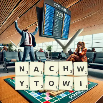 Kreatywna ilustracja do gry w Scrabble ze słowem NACHWYTOWI ułożonym z płytek na planszy.