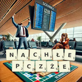 Kreatywna ilustracja do gry w Scrabble ze słowem NACHŁEPCZŻE ułożonym z płytek na planszy.