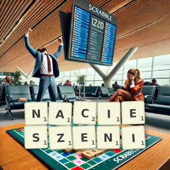 Kreatywna ilustracja do gry w Scrabble ze słowem NACIESZENI ułożonym z płytek na planszy.