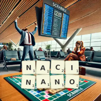 Kreatywna ilustracja do gry w Scrabble ze słowem NACINANO ułożonym z płytek na planszy.