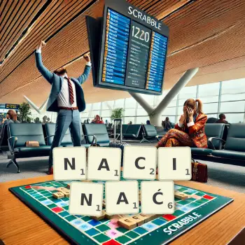 Kreatywna ilustracja do gry w Scrabble ze słowem NACINAĆ ułożonym z płytek na planszy.