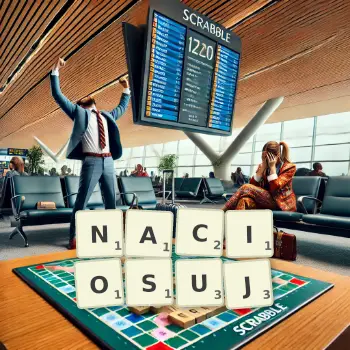Kreatywna ilustracja do gry w Scrabble ze słowem NACIOSUJ ułożonym z płytek na planszy.