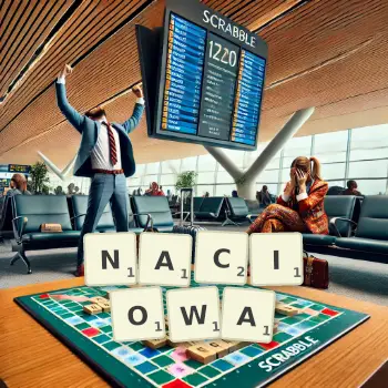 Kreatywna ilustracja do gry w Scrabble ze słowem NACIOWA ułożonym z płytek na planszy.