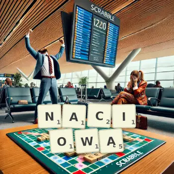 Kreatywna ilustracja do gry w Scrabble ze słowem NACIOWĄ ułożonym z płytek na planszy.