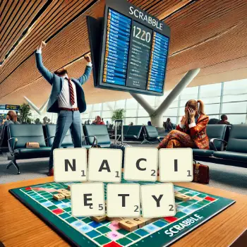 Kreatywna ilustracja do gry w Scrabble ze słowem NACIĘTY ułożonym z płytek na planszy.