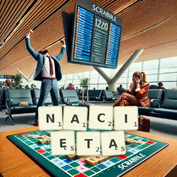 Kreatywna ilustracja do gry w Scrabble ze słowem NACIĘTĄ ułożonym z płytek na planszy.