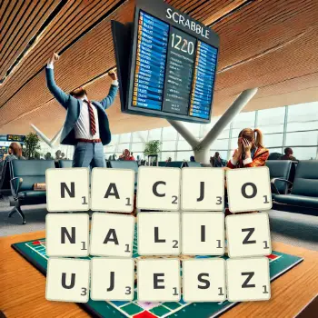 Kreatywna ilustracja do gry w Scrabble ze słowem NACJONALIZUJESZ ułożonym z płytek na planszy.