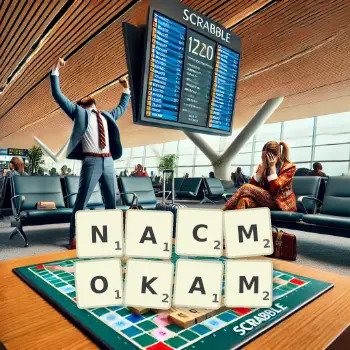 Kreatywna ilustracja do gry w Scrabble ze słowem NACMOKAM ułożonym z płytek na planszy.