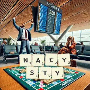 Kreatywna ilustracja do gry w Scrabble ze słowem NACYSTY ułożonym z płytek na planszy.