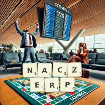 Kreatywna ilustracja do gry w Scrabble ze słowem NACZERP ułożonym z płytek na planszy.