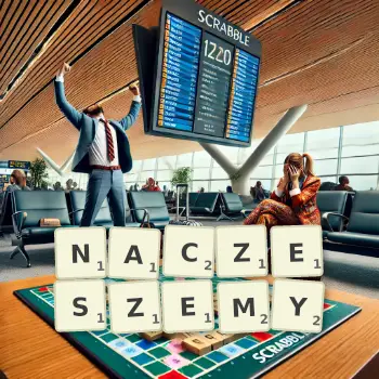 Kreatywna ilustracja do gry w Scrabble ze słowem NACZESZEMY ułożonym z płytek na planszy.
