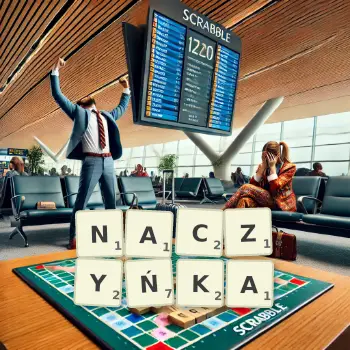 Kreatywna ilustracja do gry w Scrabble ze słowem NACZYŃKA ułożonym z płytek na planszy.