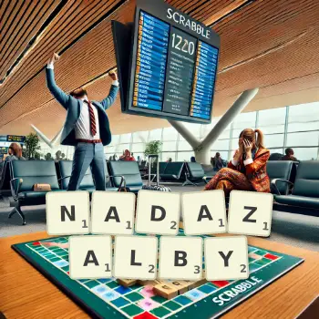 Kreatywna ilustracja do gry w Scrabble ze słowem NADAZALBY ułożonym z płytek na planszy.