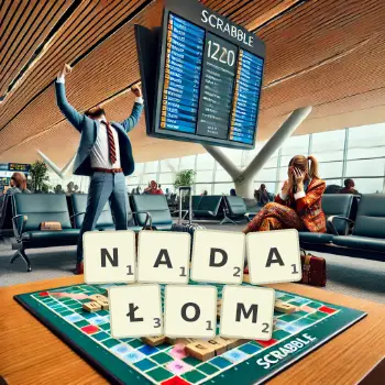 Kreatywna ilustracja do gry w Scrabble ze słowem NADAŁOM ułożonym z płytek na planszy.