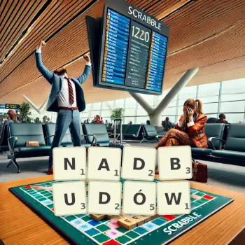 Kreatywna ilustracja do gry w Scrabble ze słowem NADBUDÓW ułożonym z płytek na planszy.