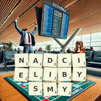 Kreatywna ilustracja do gry w Scrabble ze słowem NADCIELIBYSMY ułożonym z płytek na planszy.