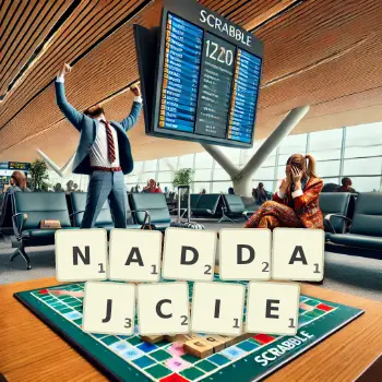Kreatywna ilustracja do gry w Scrabble ze słowem NADDAJCIE ułożonym z płytek na planszy.