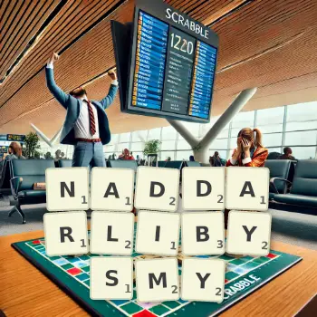 Kreatywna ilustracja do gry w Scrabble ze słowem NADDARLIBYSMY ułożonym z płytek na planszy.