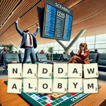 Kreatywna ilustracja do gry w Scrabble ze słowem NADDAWALOBYM ułożonym z płytek na planszy.