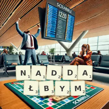 Kreatywna ilustracja do gry w Scrabble ze słowem NADDAŁBYM ułożonym z płytek na planszy.