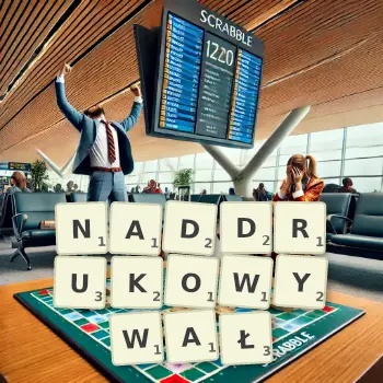 Kreatywna ilustracja do gry w Scrabble ze słowem NADDRUKOWYWAŁ ułożonym z płytek na planszy.