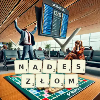 Kreatywna ilustracja do gry w Scrabble ze słowem NADESZŁOM ułożonym z płytek na planszy.