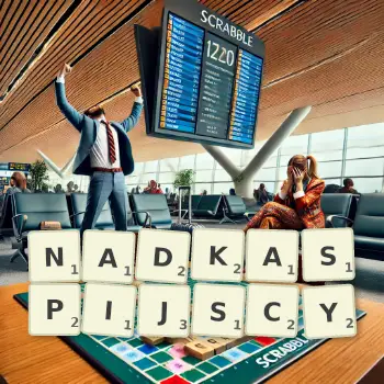 Kreatywna ilustracja do gry w Scrabble ze słowem NADKASPIJSCY ułożonym z płytek na planszy.