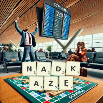 Kreatywna ilustracja do gry w Scrabble ze słowem NADKAŻĘ ułożonym z płytek na planszy.