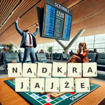 Kreatywna ilustracja do gry w Scrabble ze słowem NADKRAJAJŻE ułożonym z płytek na planszy.