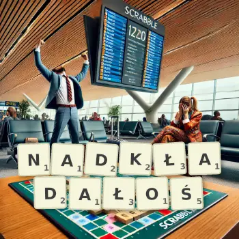 Kreatywna ilustracja do gry w Scrabble ze słowem NADKŁADAŁOŚ ułożonym z płytek na planszy.