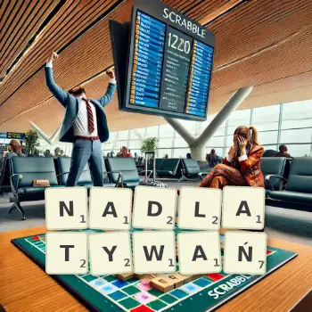 Kreatywna ilustracja do gry w Scrabble ze słowem NADLATYWAŃ ułożonym z płytek na planszy.
