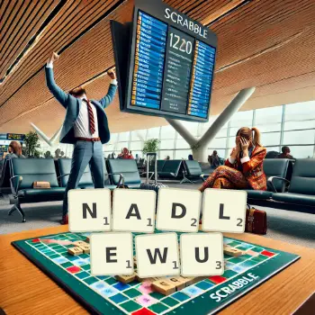 Kreatywna ilustracja do gry w Scrabble ze słowem NADLEWU ułożonym z płytek na planszy.